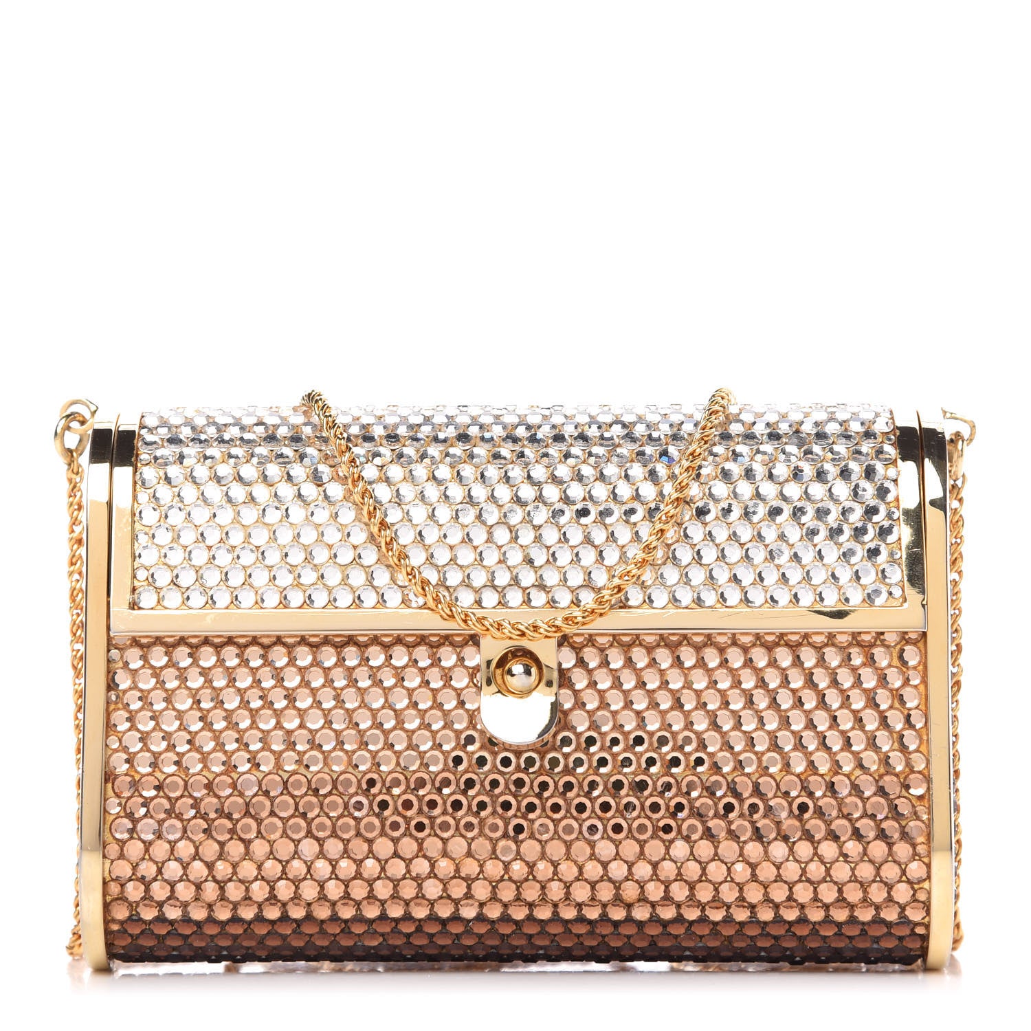 Judith Leiber Swarovski Crystal Striped Minaudiere Clutch Silver Gold 1 of 9