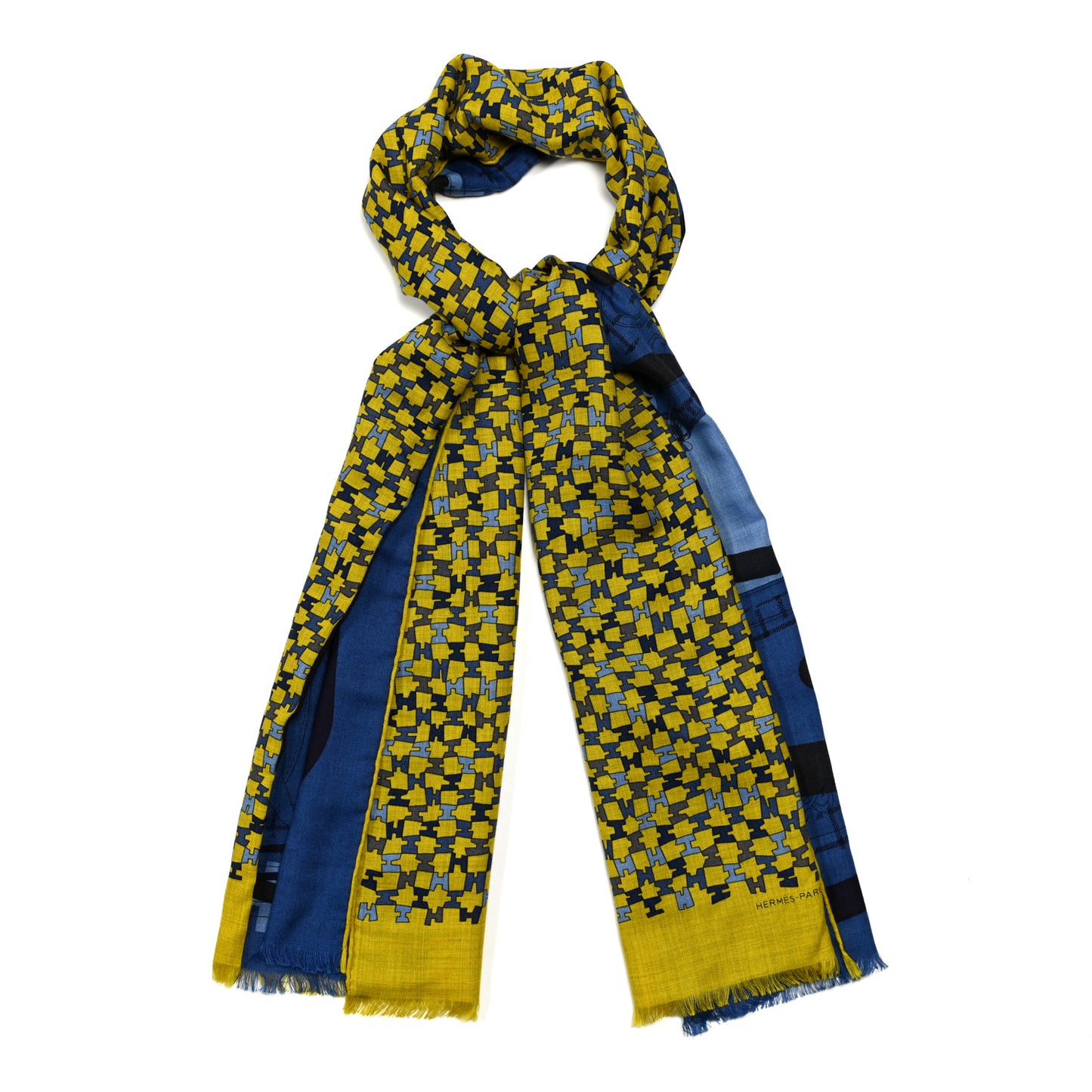 Cashmere Silk Imprimeur Fou Camails H Muffler Jaune Citron Mediterranee Indigo
