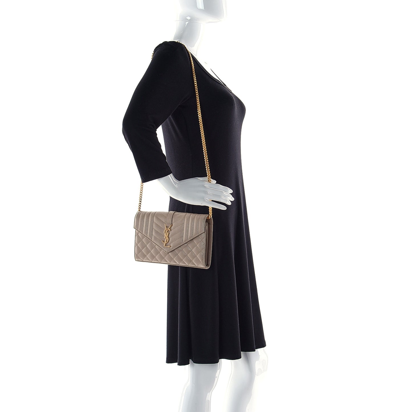 Grain De Poudre Mixed Matelasse Triquilt Monogram Chain Wallet Dark Beige