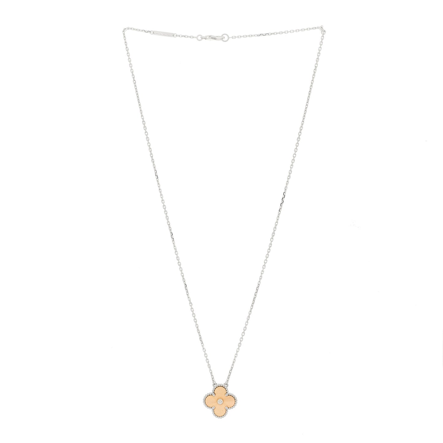 18K White Rose Gold Diamond Guilloche Vintage Alhambra Pendant Necklace