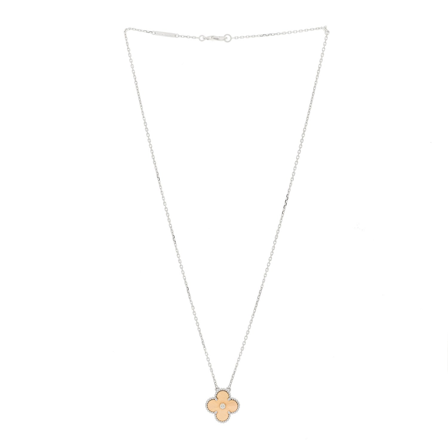 Van Cleef & Arpels 18K White Rose Gold Diamond Guilloche Vintage Alhambra Pendant Necklace 3 of 5