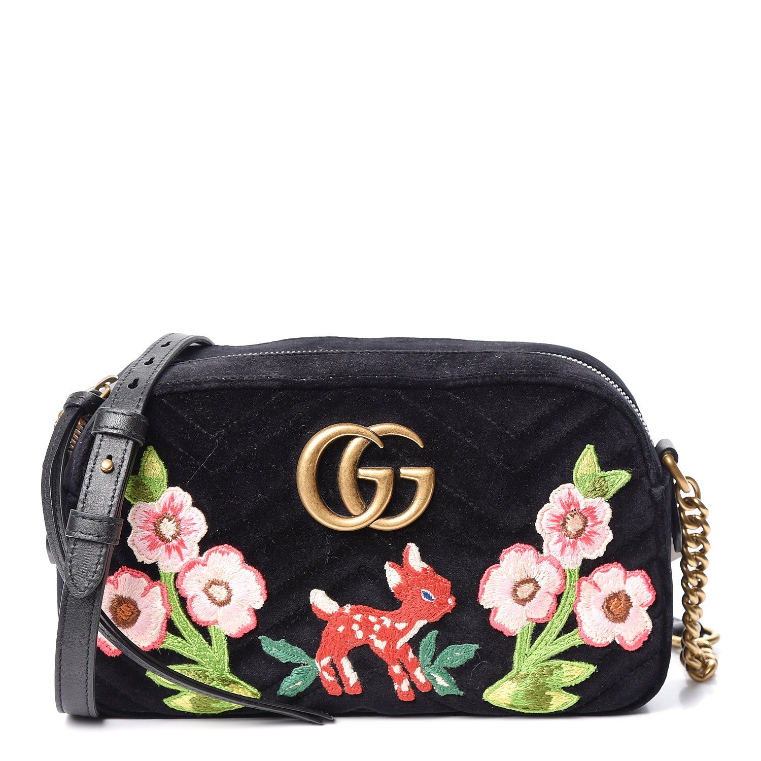 Gucci Velvet Matelasse Deer Embroidered Small GG Marmont Chain Shoulder Bag Black 1 of 9
