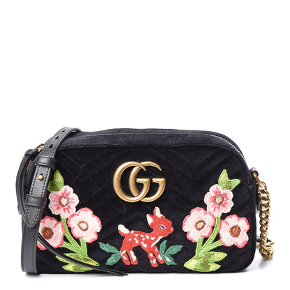 Gucci Velvet Matelasse Deer Embroidered Small GG Marmont Chain Shoulder Bag Black 1 of 9