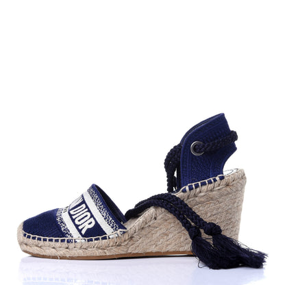 Christian Dior Canvas Embroidered Granville Ankle Tie Espadrille Wedges 36.5 Indigo Blue 2 of 15