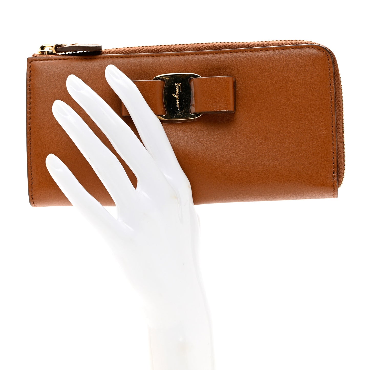 Calfskin Vara Bow Zip Wallet Brown