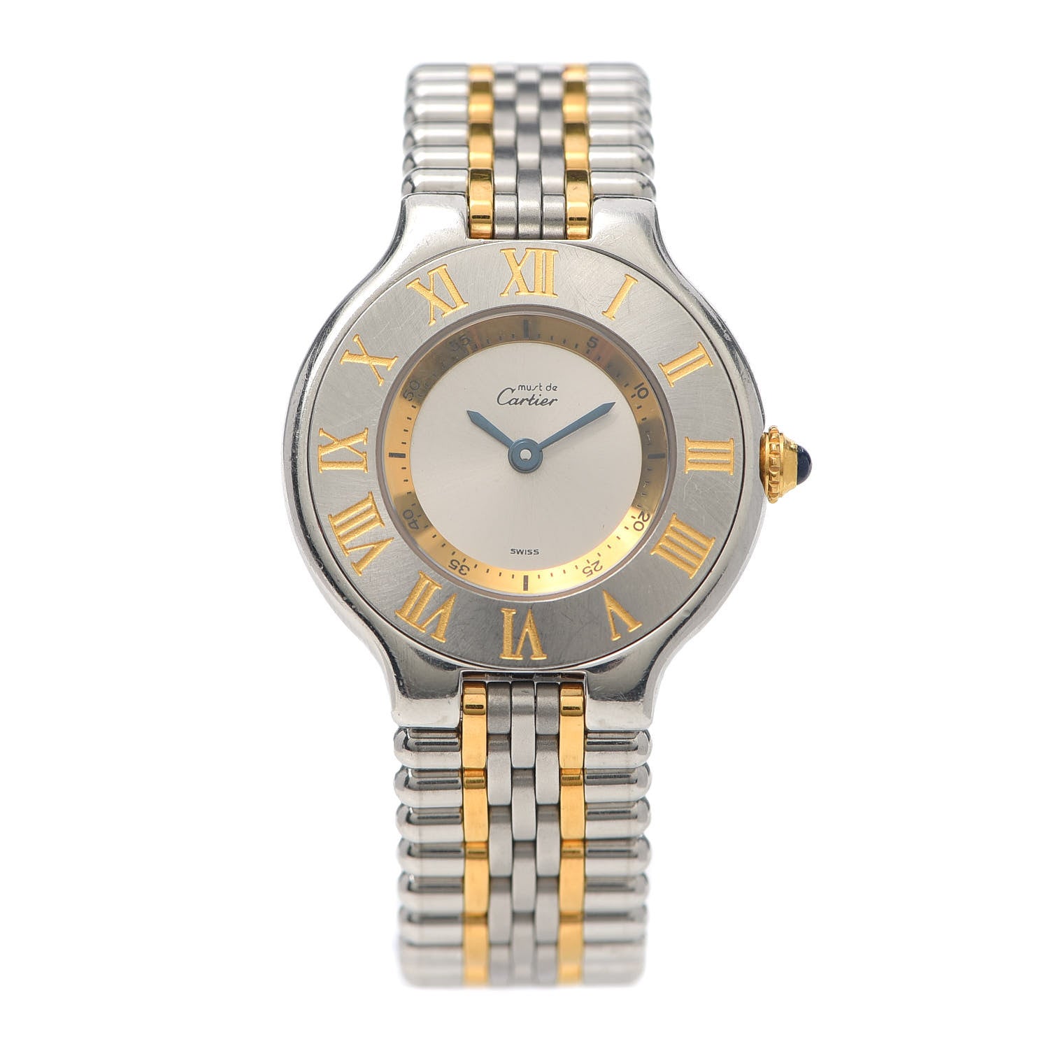 Cartier Stainless Steel 18K Yellow Gold 28mm Must De 21 Bullet Link Quartz Watch 1 of 5