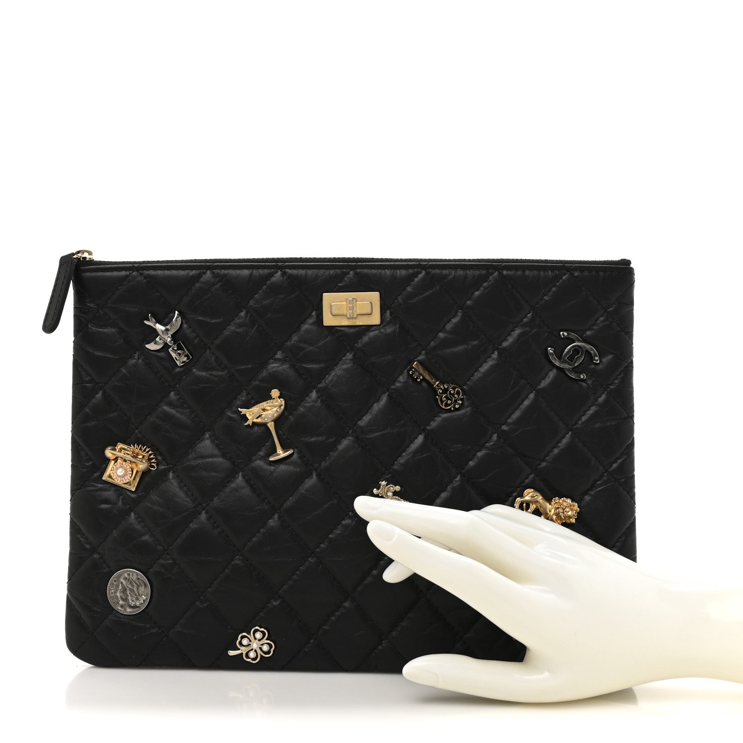 Chanel Aged Calfskin Lucky Charms Quilted Medium Reissue Cosmetic Case Black 2 of 7