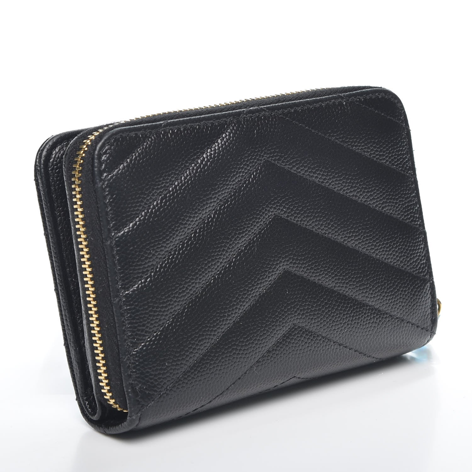 Saint Laurent Grain De Poudre Matelasse Chevron Monogram Compact Zip Around Wallet Black 2 of 8