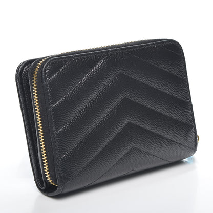 Saint Laurent Grain De Poudre Matelasse Chevron Monogram Compact Zip Around Wallet Black 2 of 8