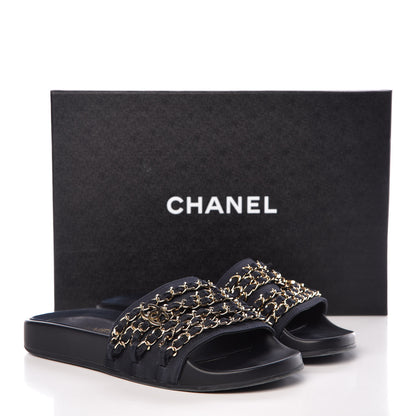 Chanel Satin Canvas Chain Flat Sandals 37 Marine 16 of 16