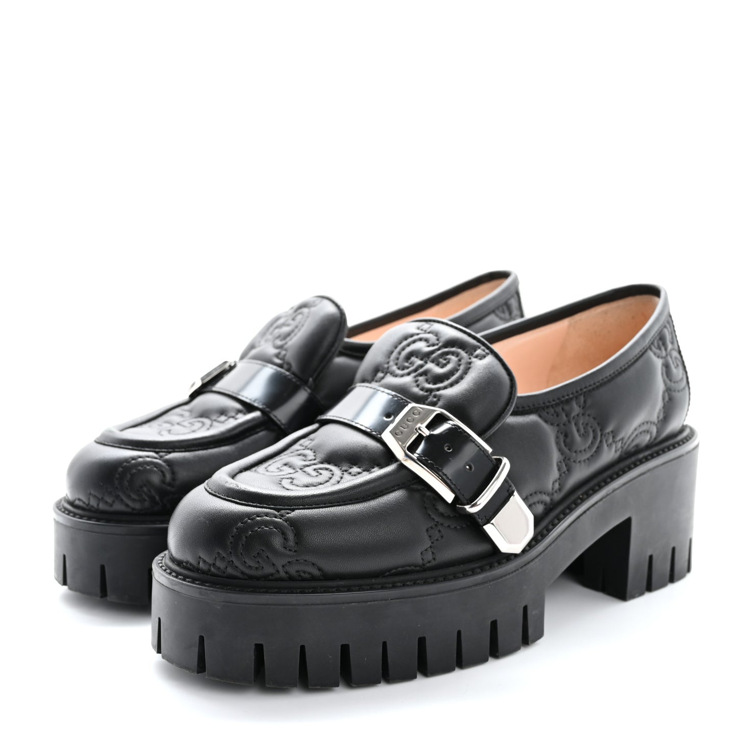 Nappa Cordovan Lux GG Matelasse Buckled Platform Lug Sole 60mm Loafers 37.5 Black