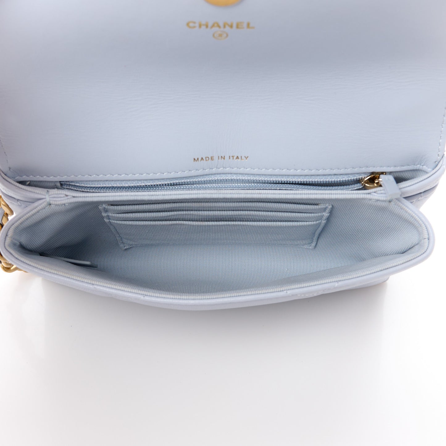 Lambskin Quilted Chanel 19 Flap Clutch Light Blue