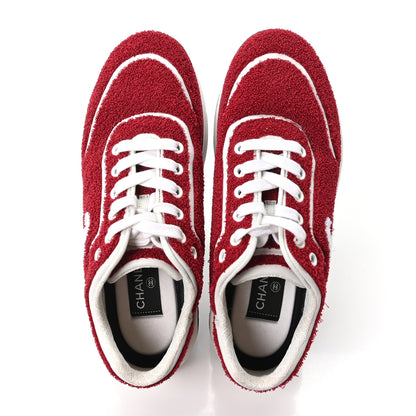 Chanel Terry Cloth Calfskin Womens Logo Sneakers 38 Red White 2 of 8