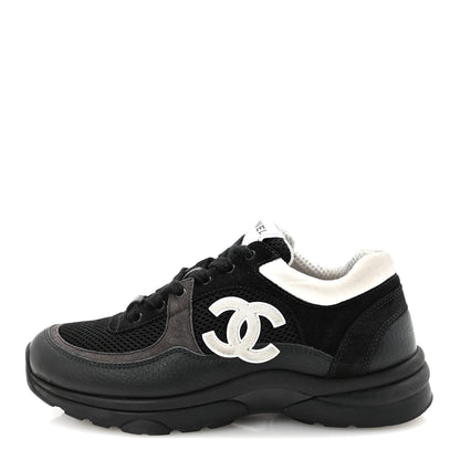Chanel Mesh Suede Grained Calfskin Womens CC Sneakers 38 Black White 38 Black White 1 of 9