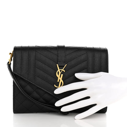 Saint Laurent Grain De Poudre Textured Mixed Matelasse Triquilt Monogram Clutch Black 2 of 8