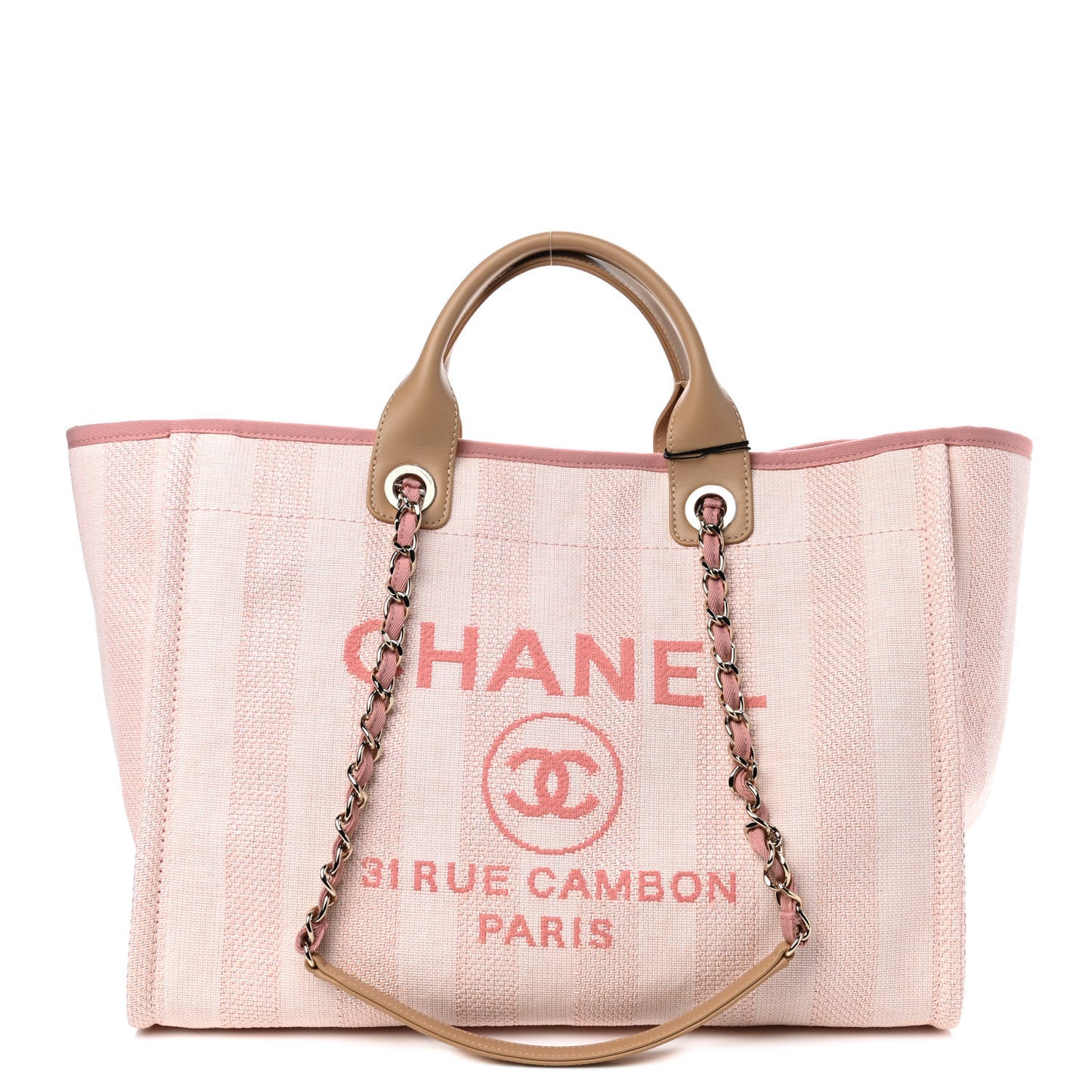 Mixed Fibers Calfskin Striped Medium Deauville Tote Light Pink