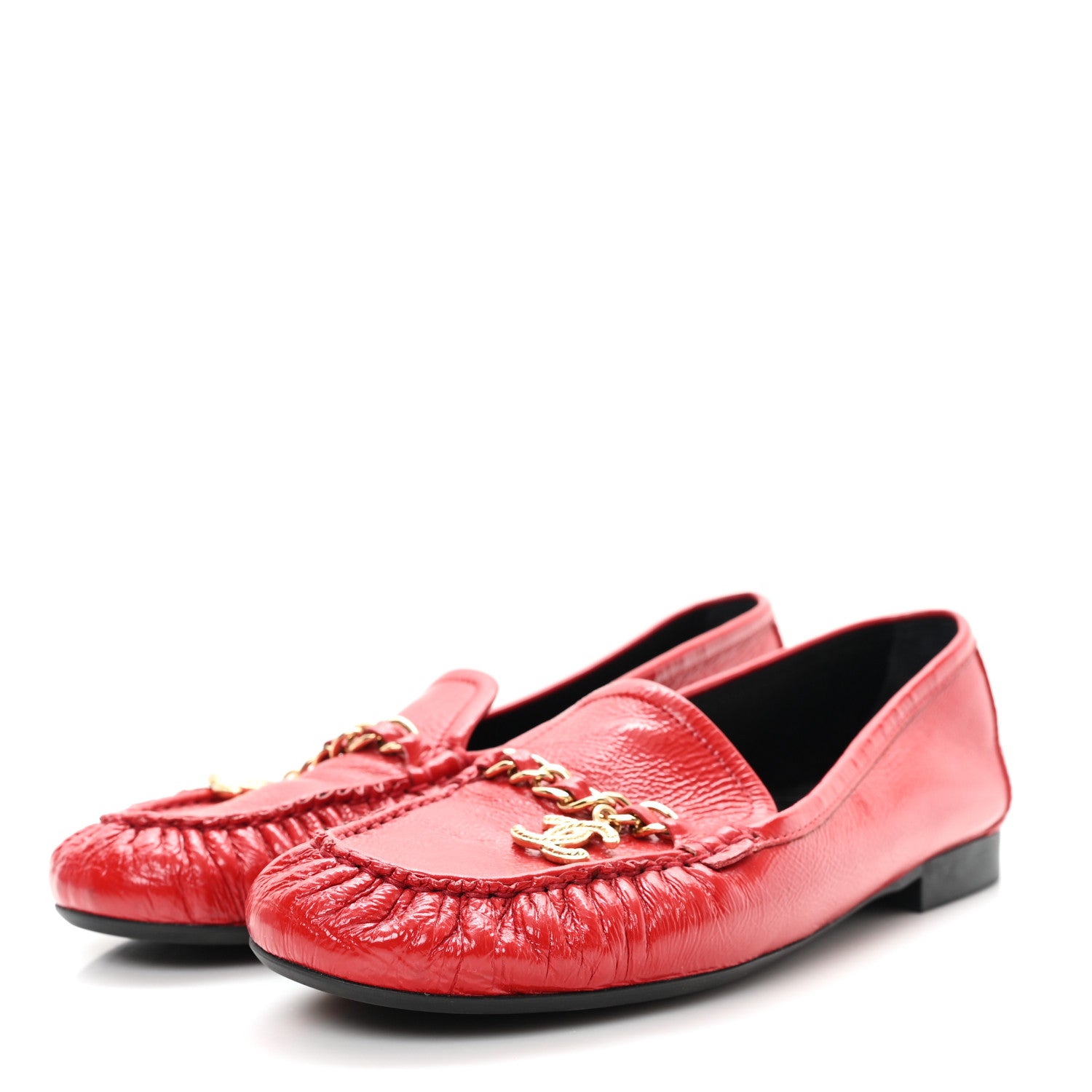 Chanel Crackled Patent Calfskin CC Chain Moccasin Loafers 39 Red 4 of 9