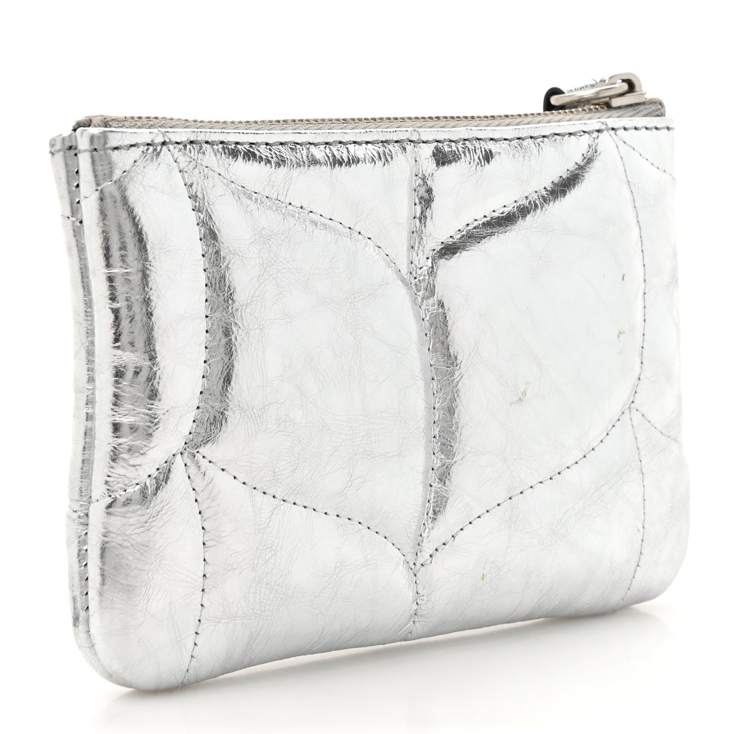 Metallic Crinkled Calfskin Softie Zip Coin Pouch Silver