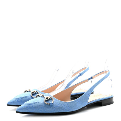 Gucci Canvas GG Monogram Horsebit Womens Slingback Ballet Flat 38 Light Blue 4 of 10