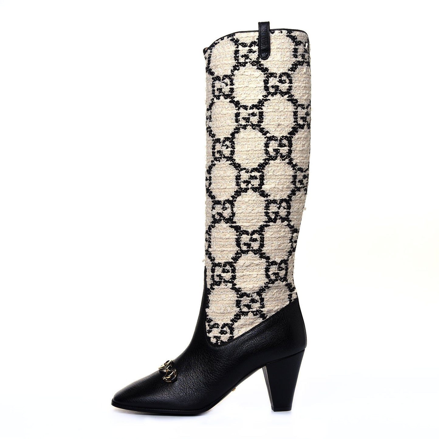 Tweed GG Monogram Wrinkled Kid Zumi Knee Boots 39 Natural Black