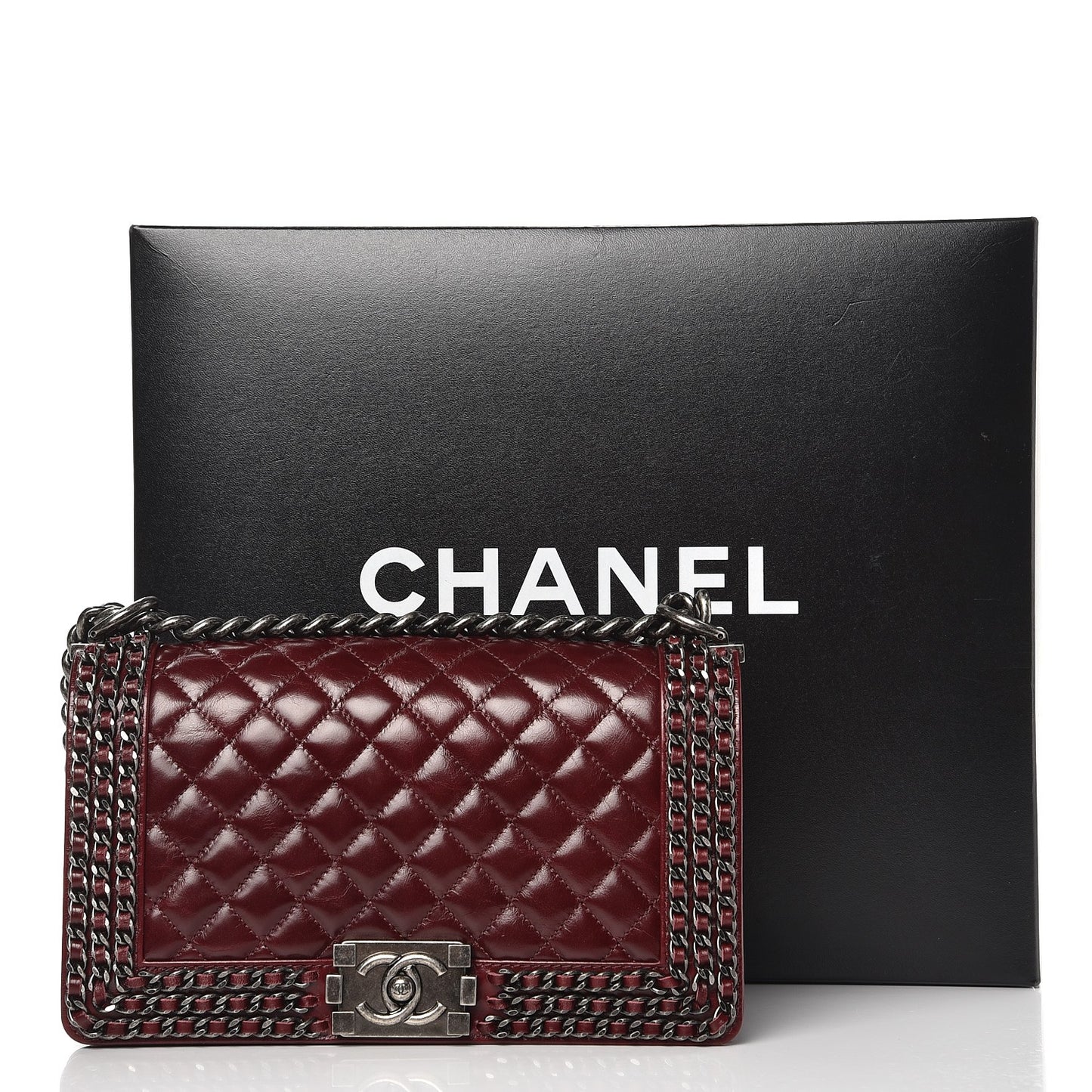 Glazed Calfskin Quilted Medium Boy Chained Flap Bordeaux