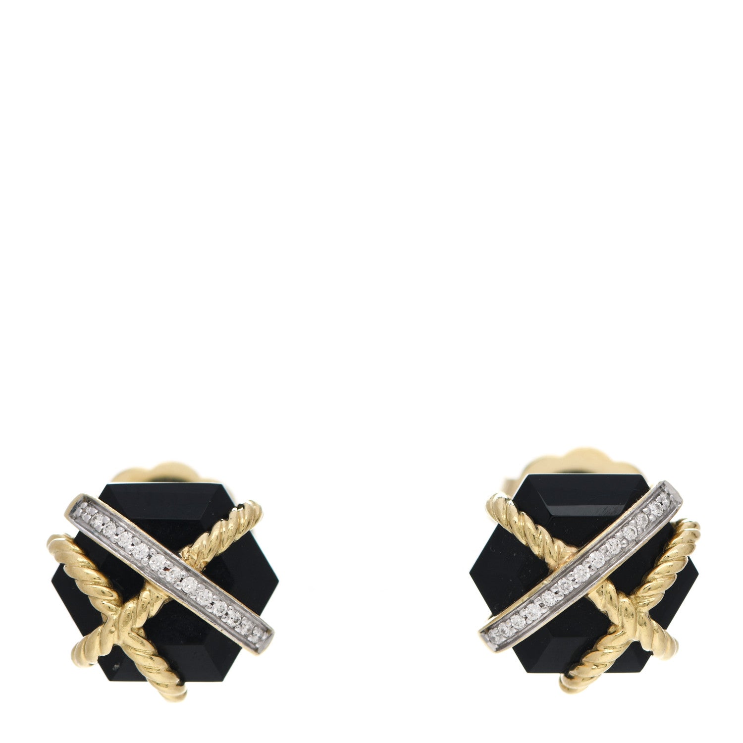 David Yurman 18K Yellow Gold Diamond Onyx 10mm Cable Wrap Earrings 1 of 6