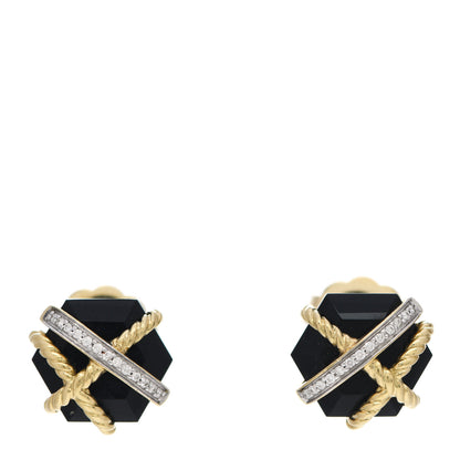 David Yurman 18K Yellow Gold Diamond Onyx 10mm Cable Wrap Earrings 1 of 6