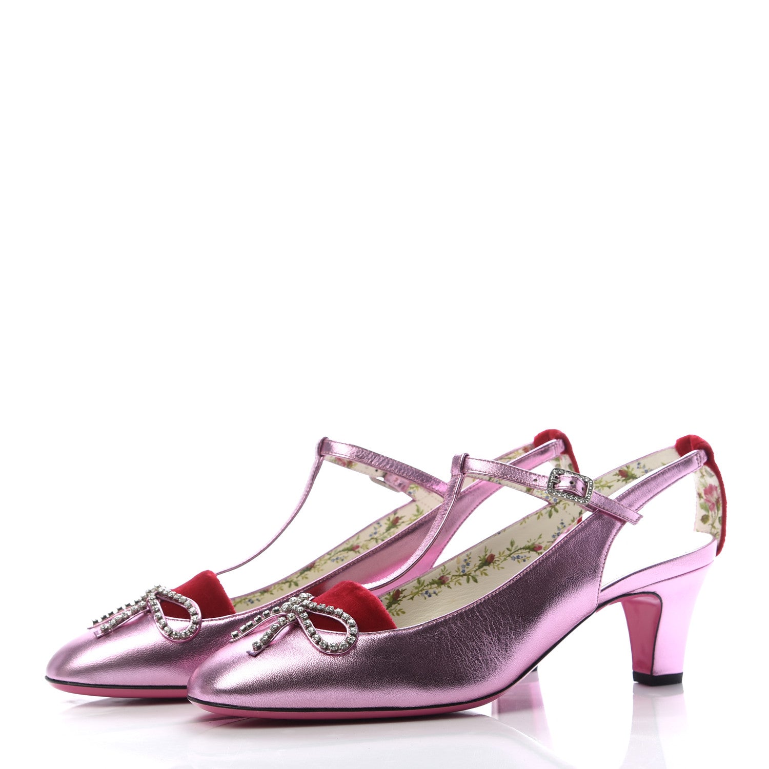 Gucci Metallic Nappa Velvet Crystal Bow Anita Pumps 40 Rosa Hibiscus Red 2 of 9