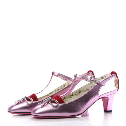 Gucci Metallic Nappa Velvet Crystal Bow Anita Pumps 40 Rosa Hibiscus Red 2 of 9