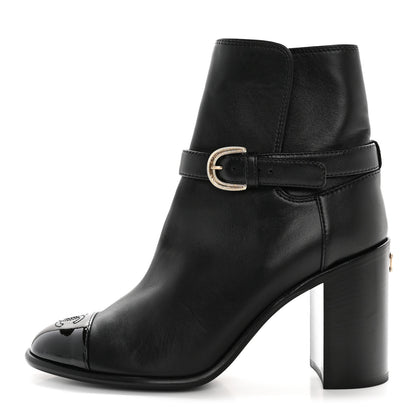 Chanel Calfskin Patent Cap Toe Interlocking CC Ankle Boots 39.5 Black 1 of 13