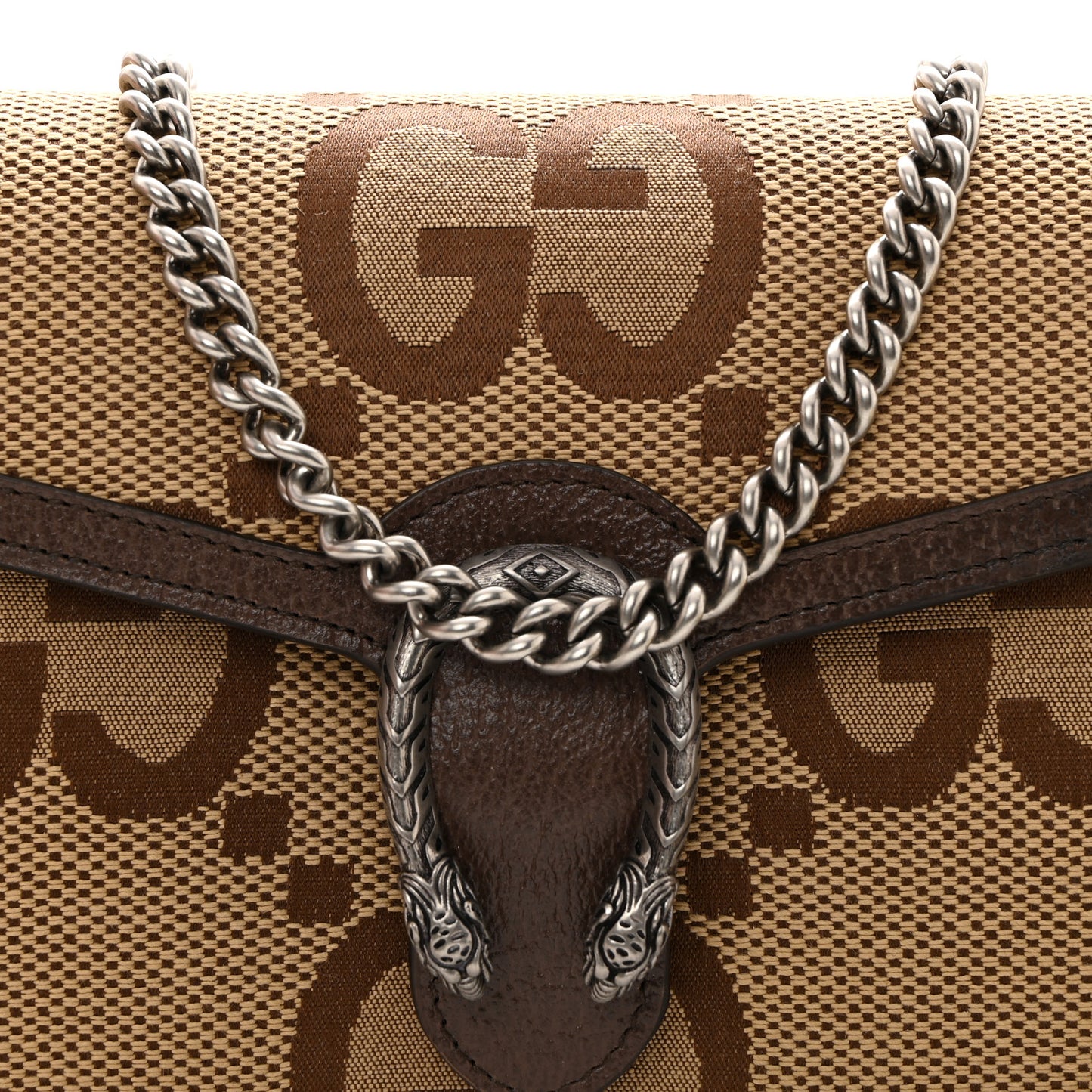 Monogram Jumbo GG Textured Dollar Calfskin Mini Dionysus Chain Wallet Camel Ebony New Acero