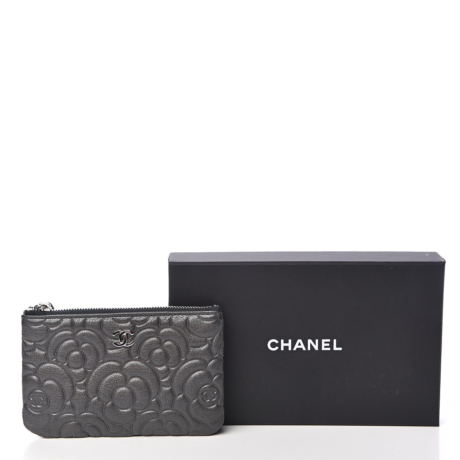 Chanel Goatskin Camellia Embossed Cosmetic Pouch Anthracite 8 of 8