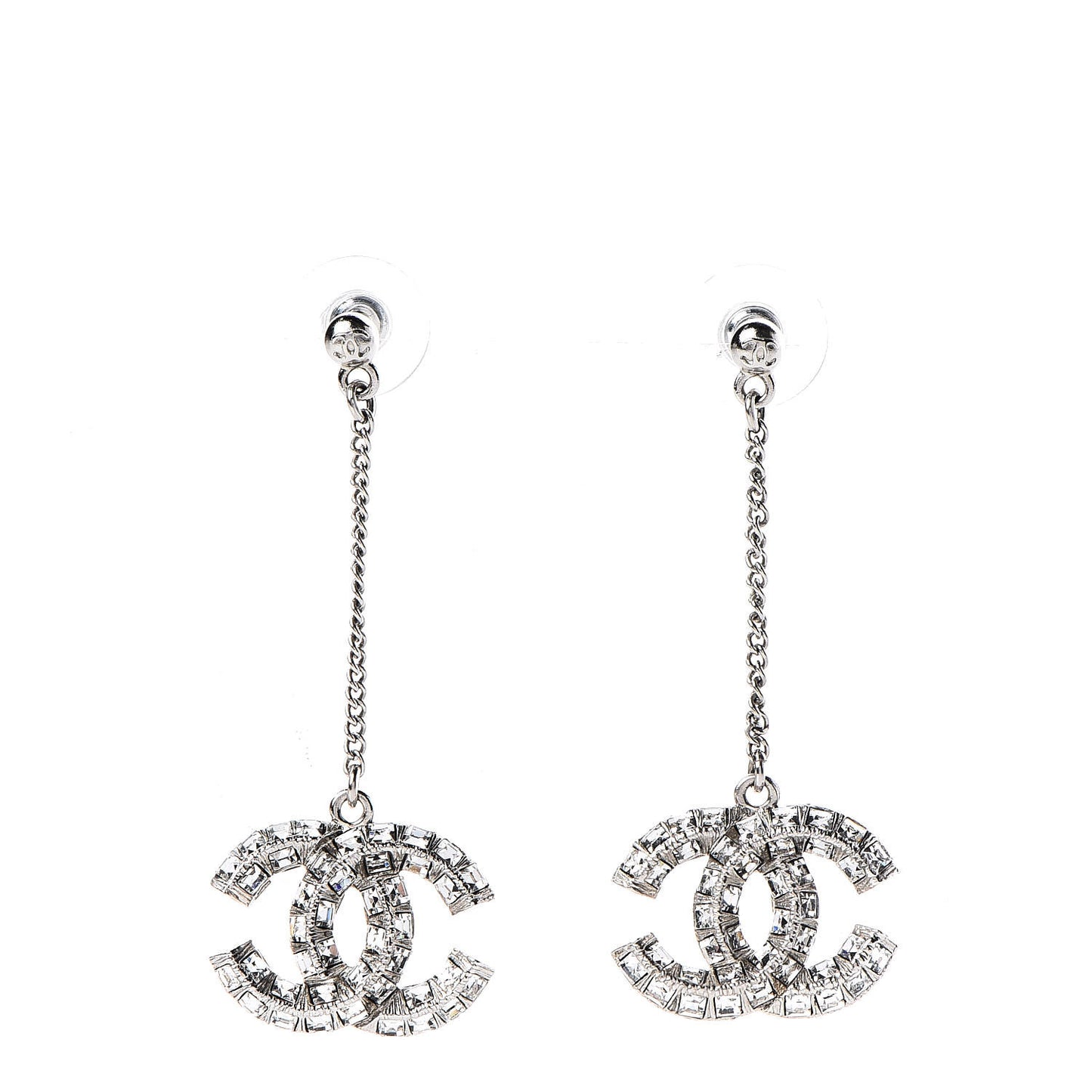 Baguette Crystal CC Drop Earrings Silver