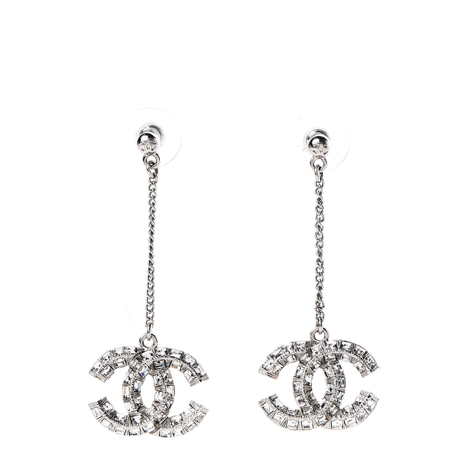 Chanel Baguette Crystal CC Drop Earrings Silver 1 of 3