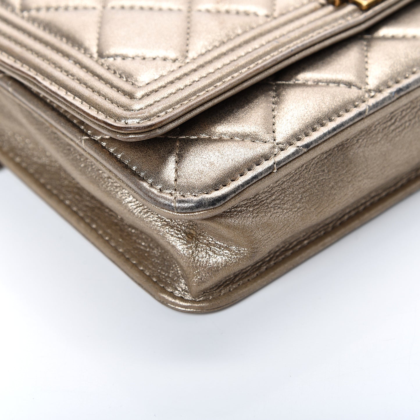 Metallic Calfskin Quilted Boy Wallet On Chain WOC Gold