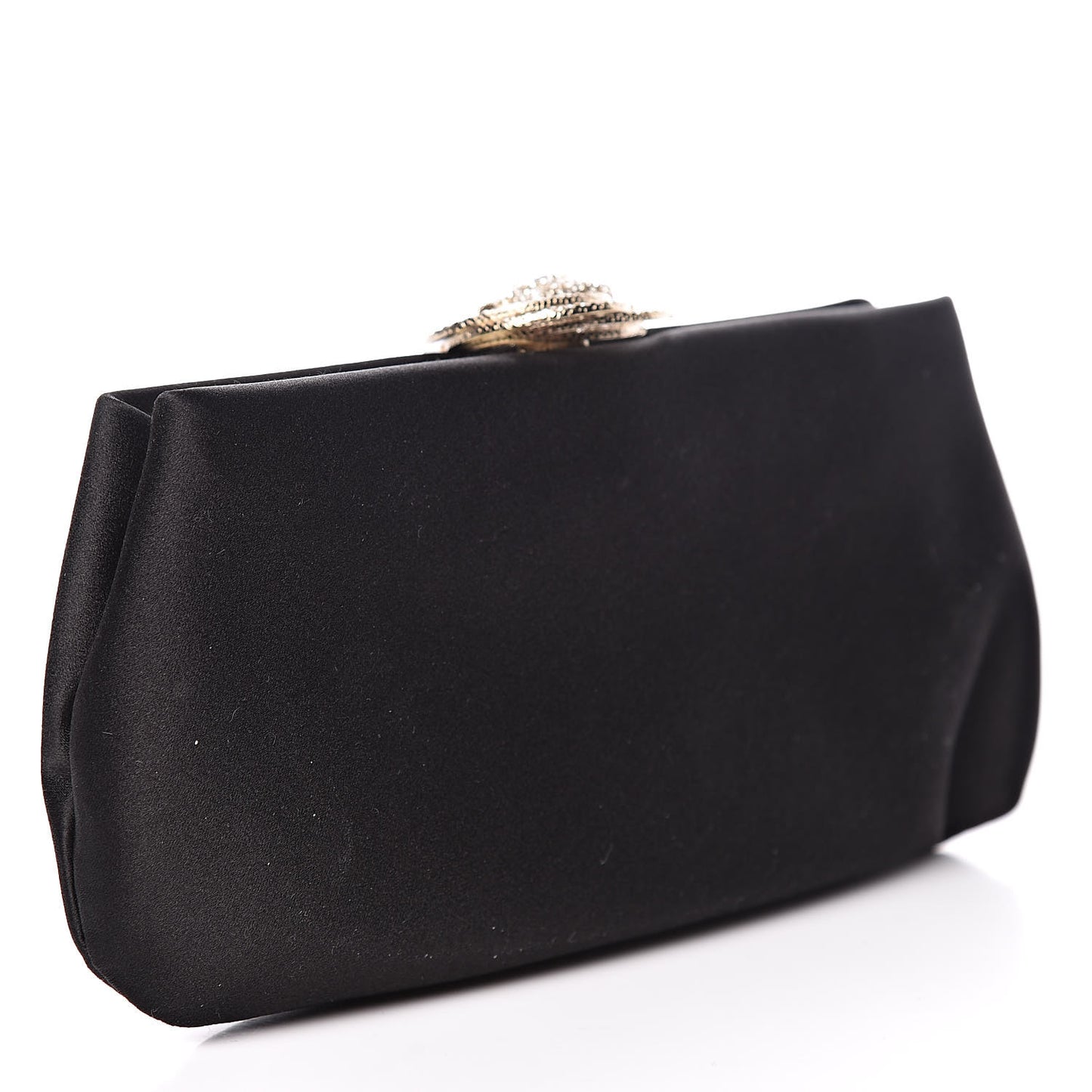 Satin Crystal Camellia Evening Frame Clutch Black