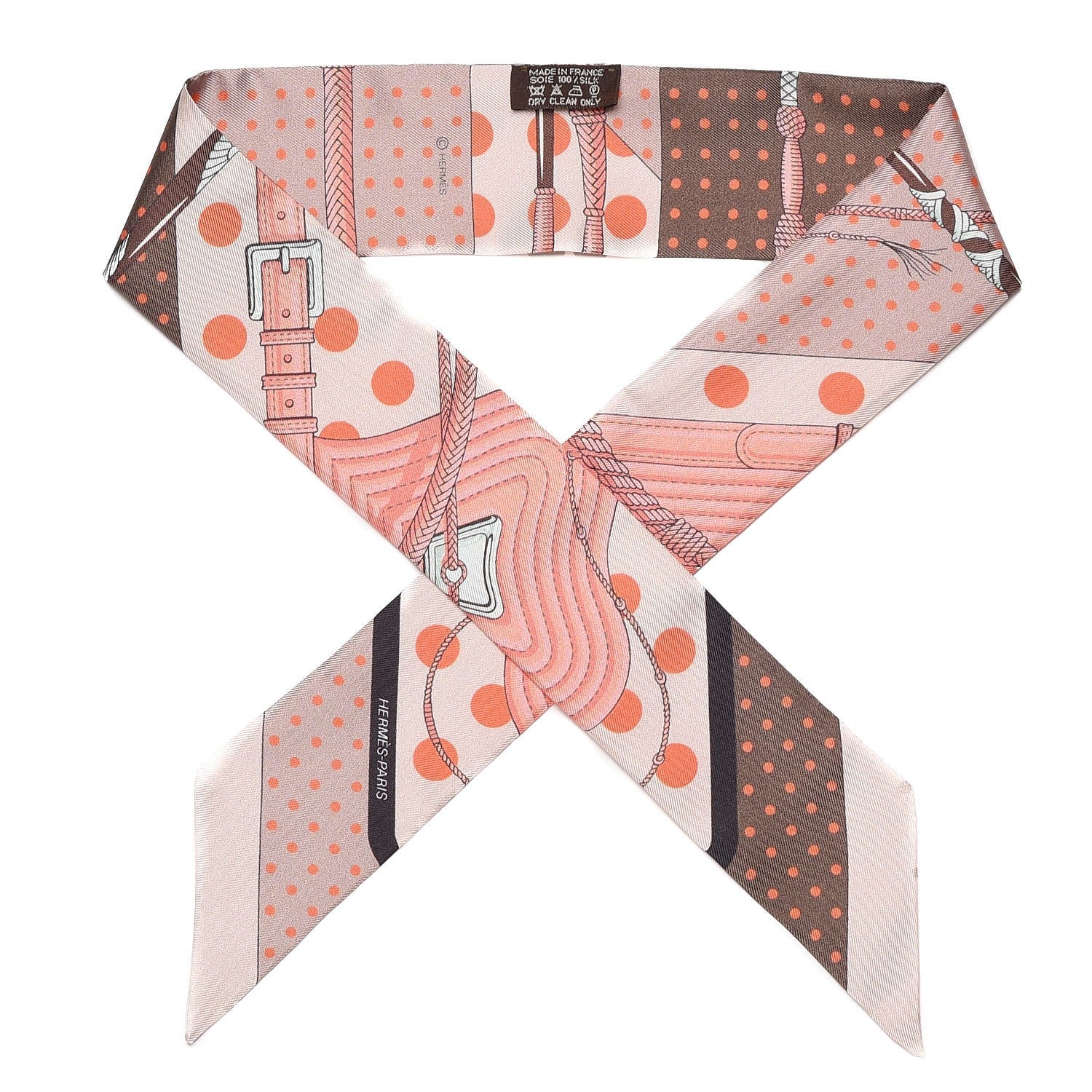 Hermes Silk Clic Clac a Pois Twilly Rose Nacre Marron Corail 1 of 4