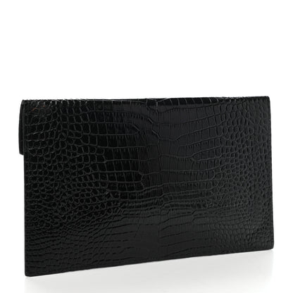 Saint Laurent Calfskin Crocodile Embossed Uptown Monogram Pouch Black 3 of 7