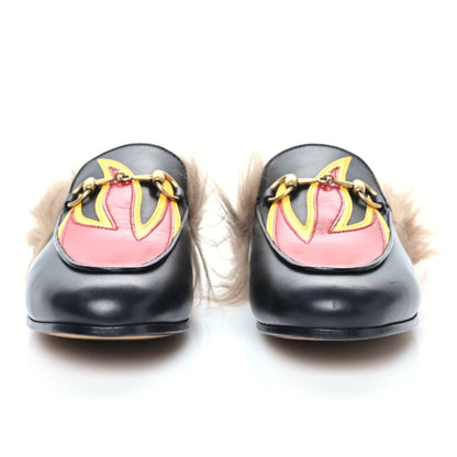 Gucci Calfskin Fur Flame Princetown Slippers 36.5 Black 3 of 8