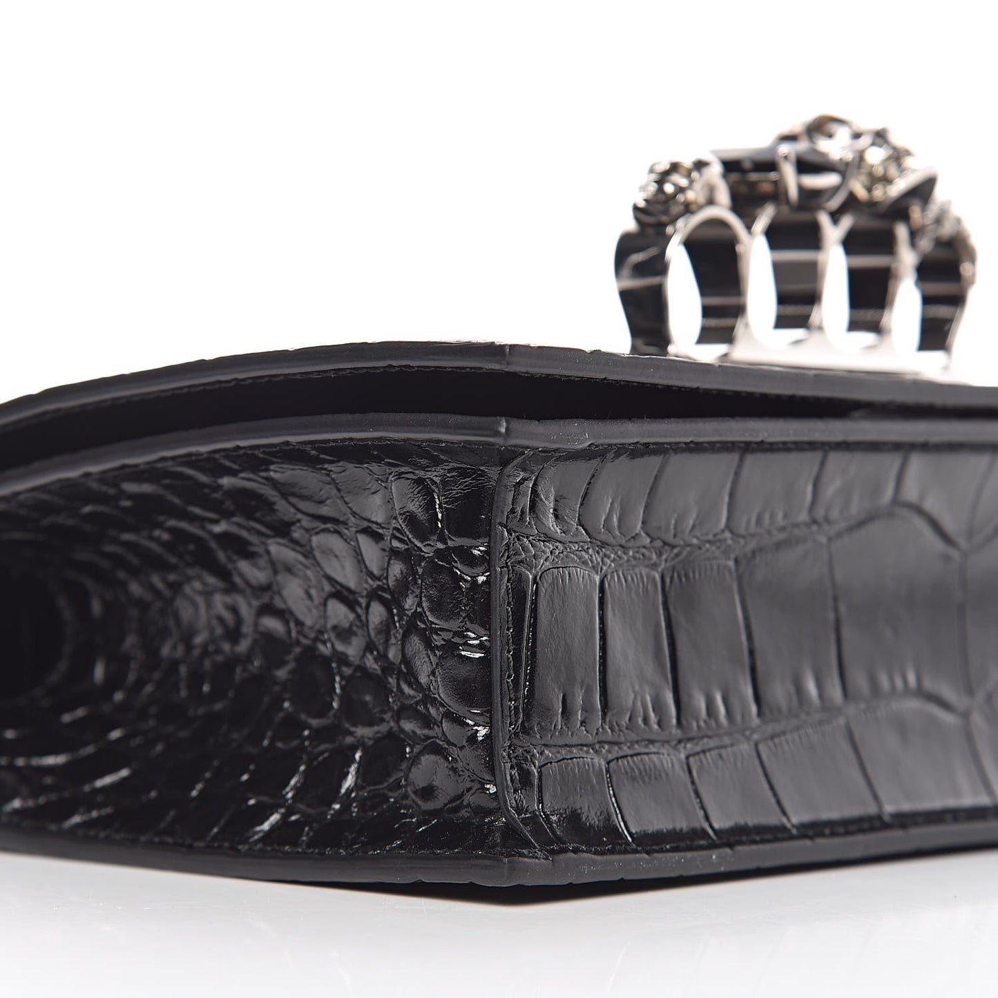 Calfskin Crocodile Embossed Knuckle Shoulder Bag Black