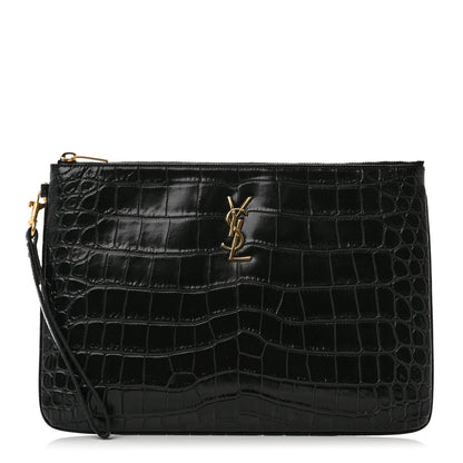Saint Laurent Calfskin Crocodile Embossed Tablet Pouch Black 1 of 7