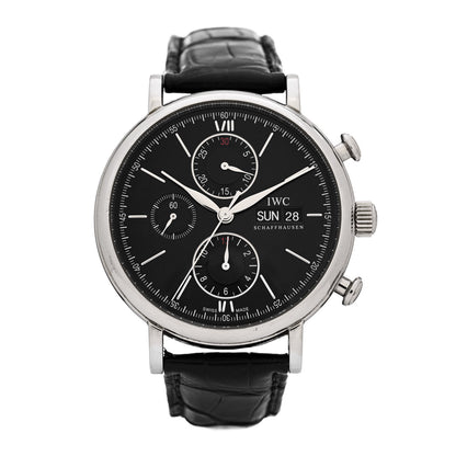 IWC Stainless Steel Alligator 42mm Schaffhausen Portofino Chronograph Automatic Watch Black IW391002 1 of 6