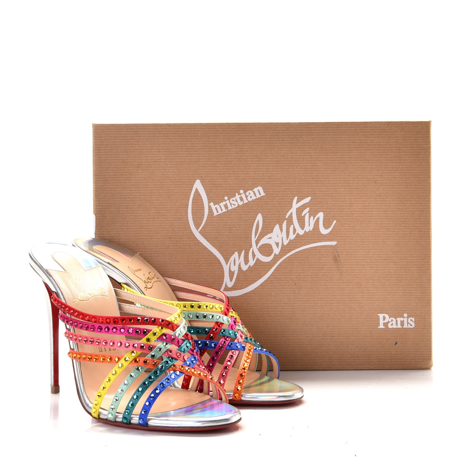 Christian Louboutin Specchio Calfskin Crystal Marthastrass 100 Slide Sandals 39 Silver Multicolor 1 of 10