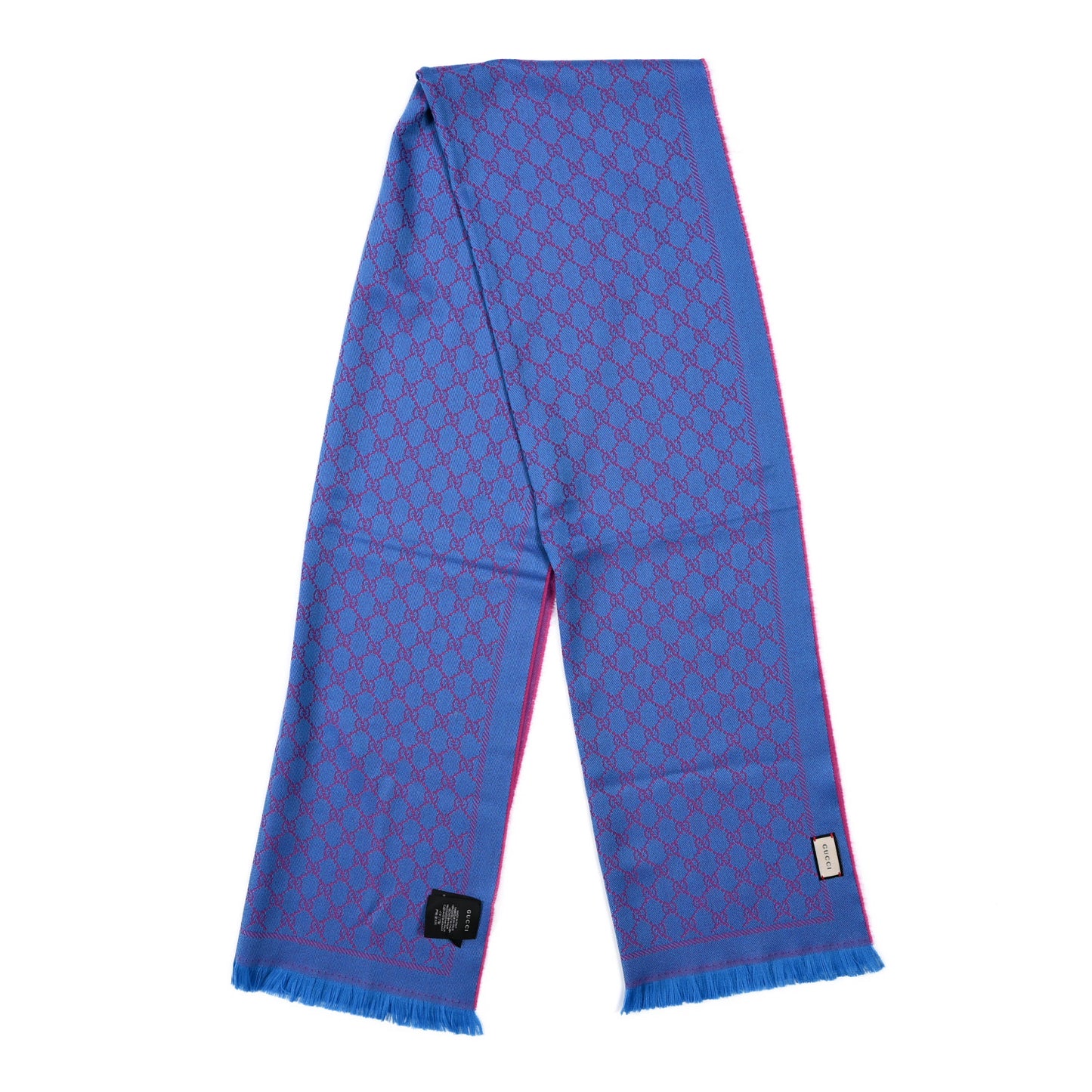 Wool GG Monogram Reversible New Sten Fringe Scarf Fuxia Sky Blue