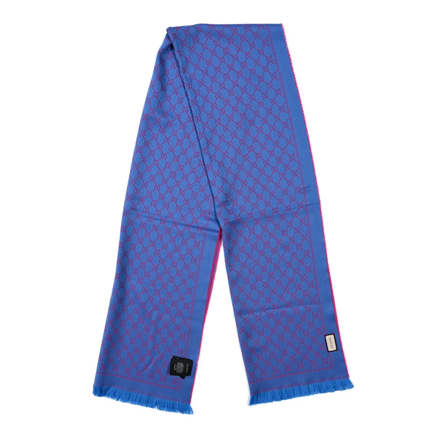 Gucci Wool GG Monogram Reversible New Sten Fringe Scarf Fuxia Sky Blue 2 of 4