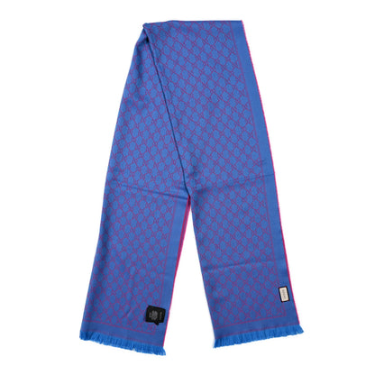 Gucci Wool GG Monogram Reversible New Sten Fringe Scarf Fuxia Sky Blue 2 of 4