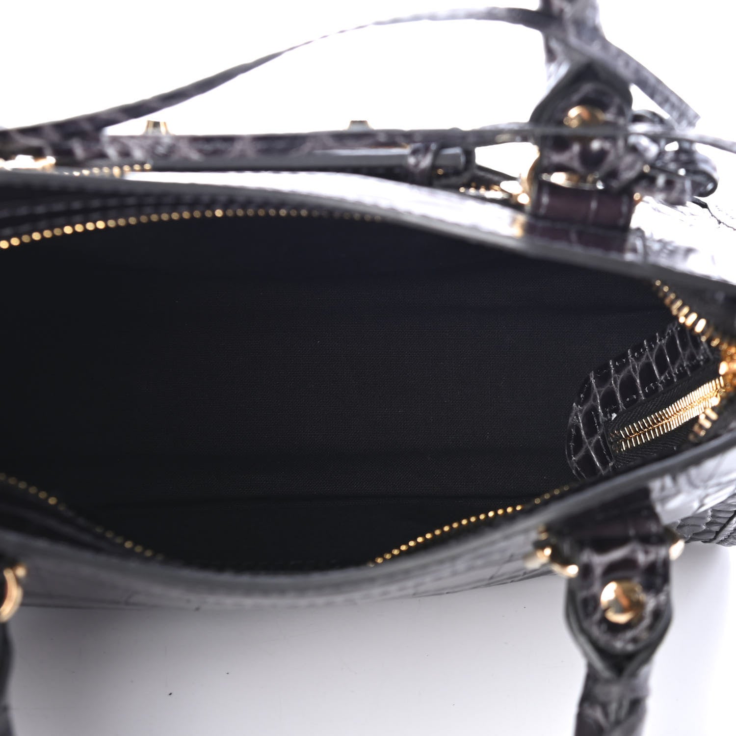 Balenciaga Shiny Supple Calfskin Crocodile Embossed Gold Metallic Edge Hardware Mini City Dark Grey 4 of 4