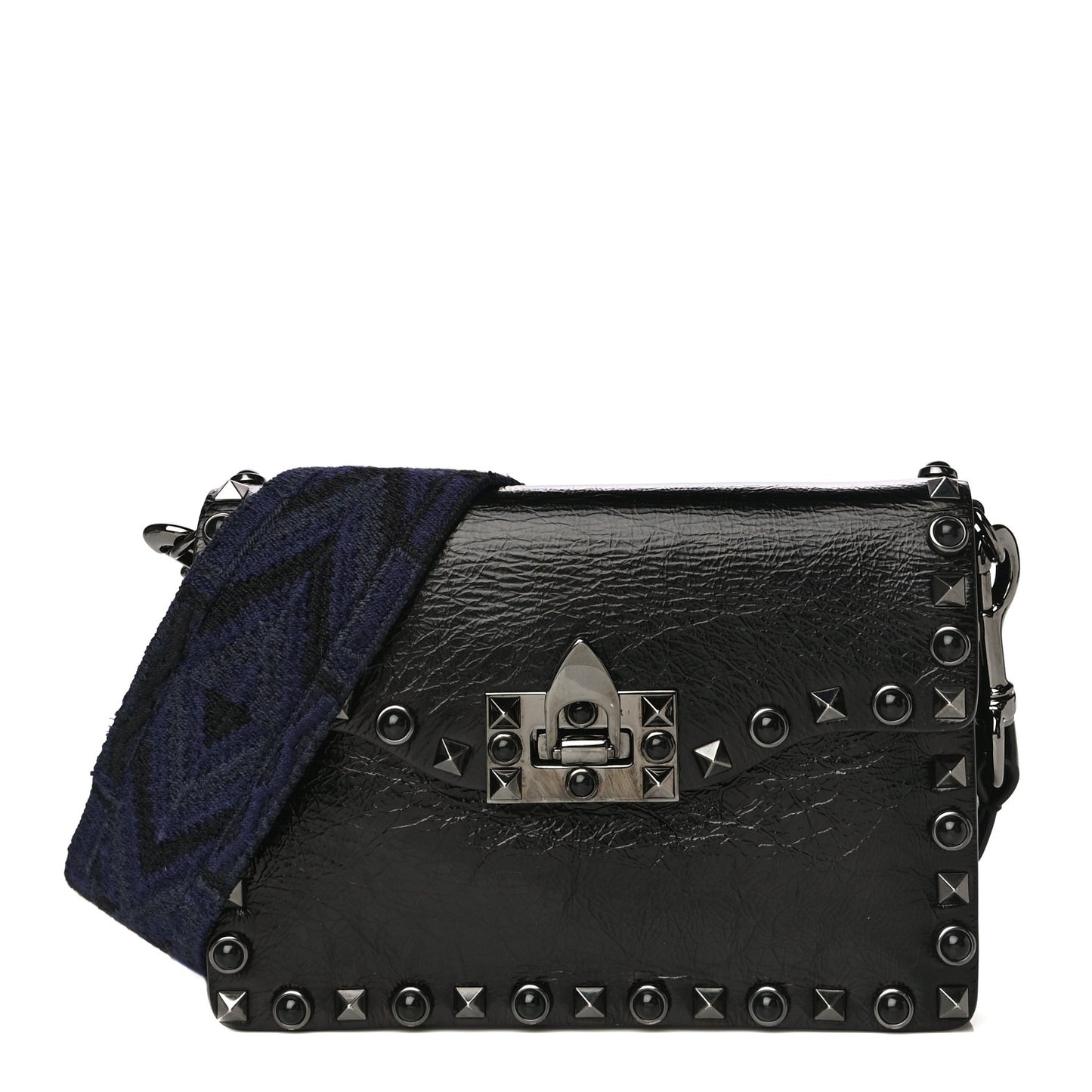 Craquele Calfskin Small Guitar Strap Rockstud Rolling Shoulder Flap Bag Black