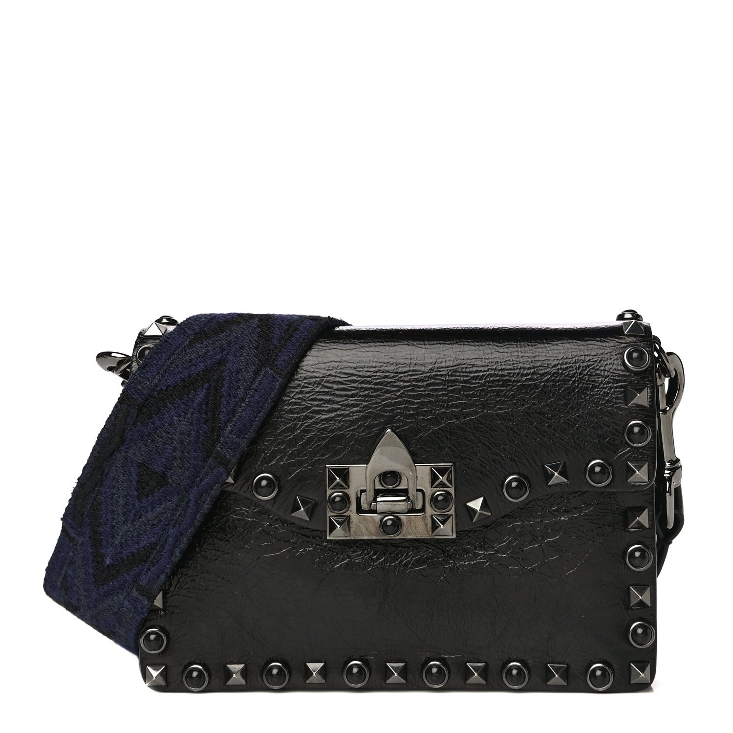 Valentino Garavani Craquele Calfskin Small Guitar Strap Rockstud Rolling Shoulder Flap Bag Black 1 of 11