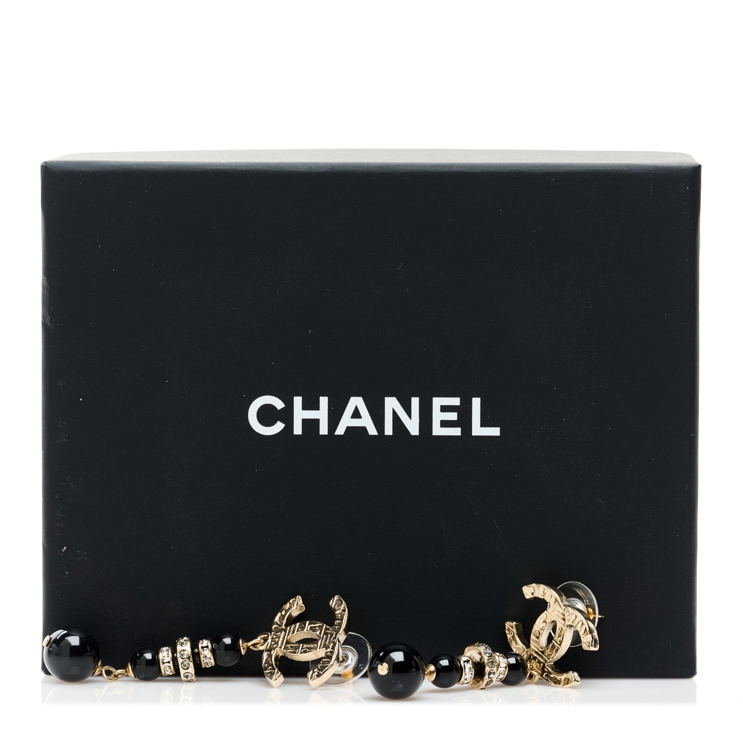Chanel Crystal Bead Scarab CC Drop Earrings Gold Black 5 of 5
